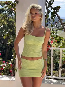 Sexy Two Piece Skirt Set for Women Beaded Cami Top Bodycon Mini Skirt Summer Vacation Outfit