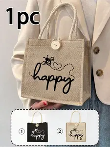 Storage Bag With The Letters "Happy" And A Small Bee Pattern,Linen Tote Bag With Printed , Teacher's Day Gift Bag, Portable Shopping Bag, Lightweight Foldable Storage Bag, Simple Shopping Bag, Nurse, Doctor, Teacher Gratitude Storage Bag,
