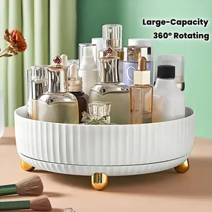 360 ° rotating dresser storage lotion display cabinet round large-capacity gift tray, suitable for dresser decoration, bathroom countertops, table storage (cream white)