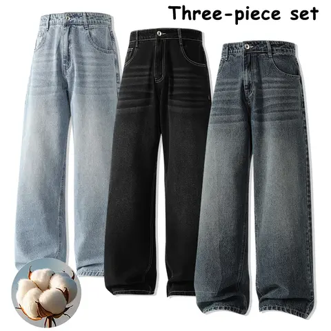 Men's 3-Pack All-Seasons High-Waisted Wide-Leg Cotton Jeans - Stylish, Minimalist Polyester Denim Pants, 90s Vintage Washed Baggy Menswear, Casual Streetwear Trousers