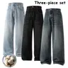 Men's 3-Pack All-Seasons High-Waisted Wide-Leg Cotton Jeans - Stylish, Minimalist Polyester Denim Pants, 90s Vintage Washed Baggy Menswear, Casual Streetwear Trousers