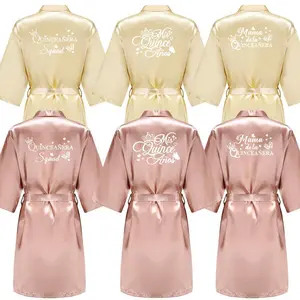 Rose Gold Princess Sweet 15 Years Girl Birthday Party Robes Quinceanera Robe Mis XV Bathrobe Satin Nightgown