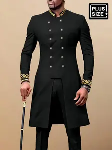 Plus Size Men's Black Dashiki Double Breasted Set, Embroidery Design, Cuff Sleeve,  Elastic Waist Pants, African Clothing, Casual Shirt And Pants Set, Parties, Banquets, Weddings, Cultural Events Elegant