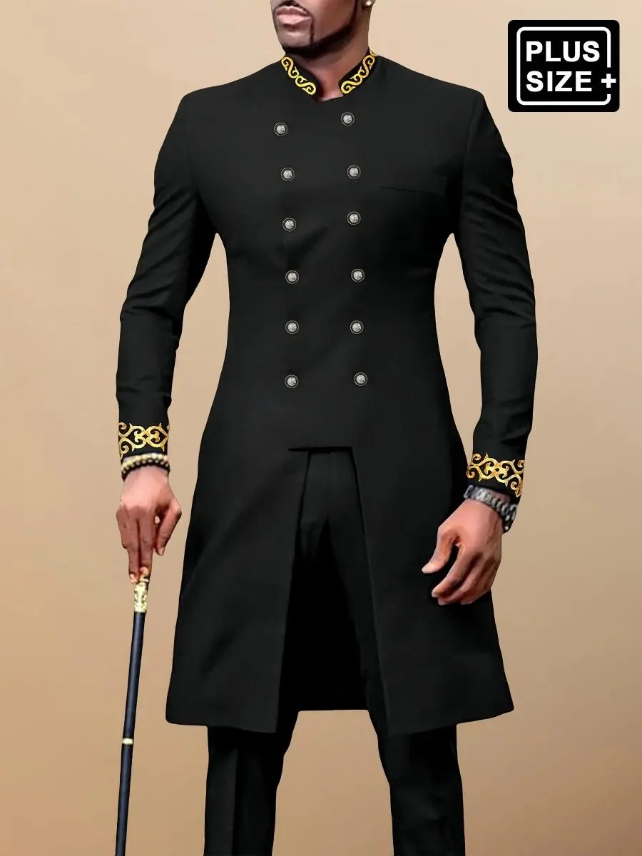 Plus Size Men's Black Dashiki Double Breasted Set, Embroidery Design, Cuff Sleeve,  Elastic Waist Pants, African Clothing, Casual Shirt And Pants Set, Parties, Banquets, Weddings, Cultural Events Elegant