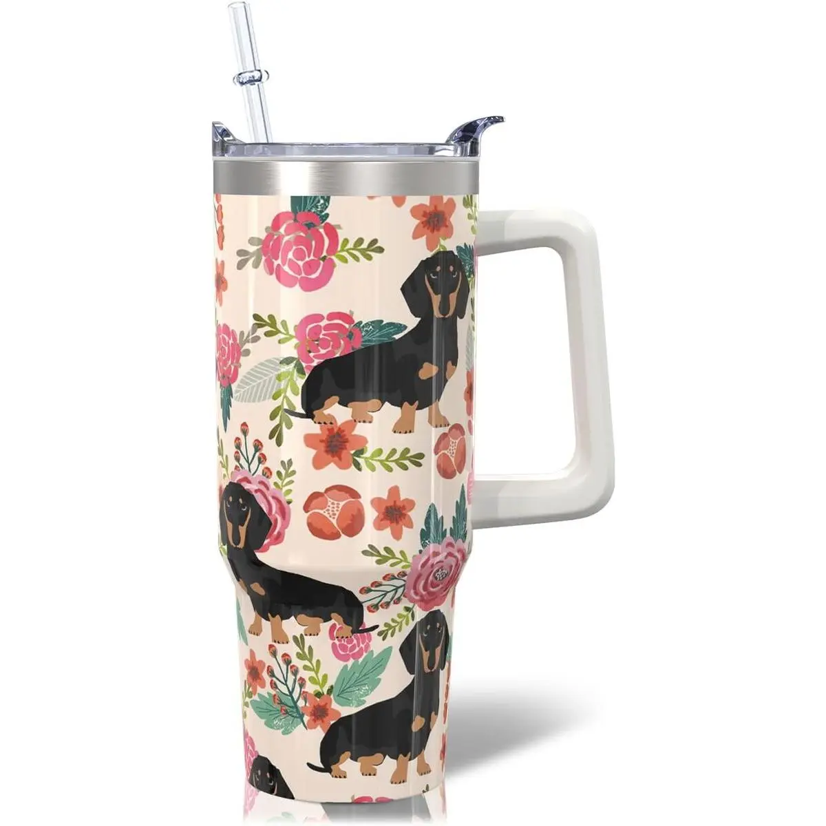 30oz Stainless Steel Dachshund Insulated Tumbler with Handle, Lid & Straw Set - Portable Women's Reusable Animal-Themed Mug for Outdoors, Picnics, Kitchenware Drinkware