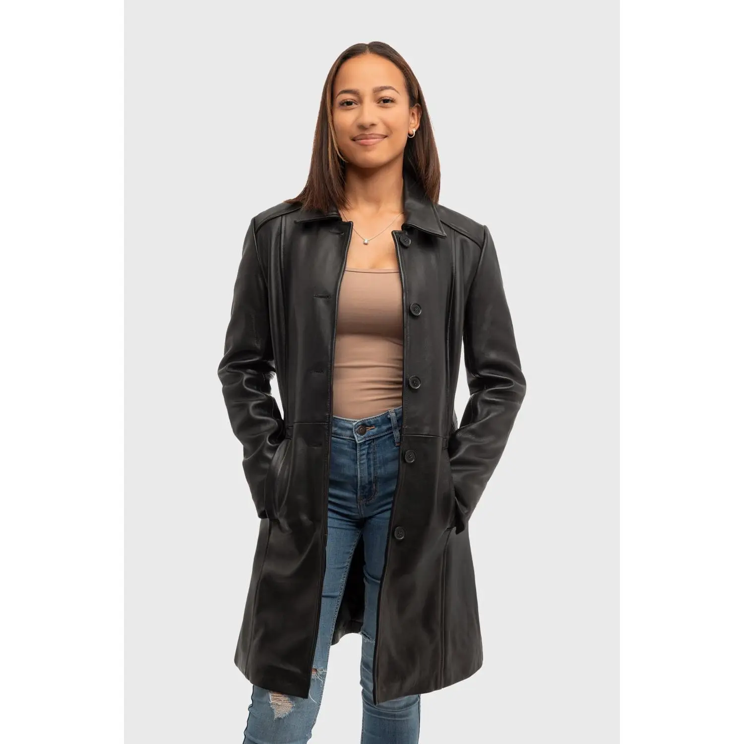 FM Women's 3/4 Length Lambskin Leather Fashion Trench Coat
