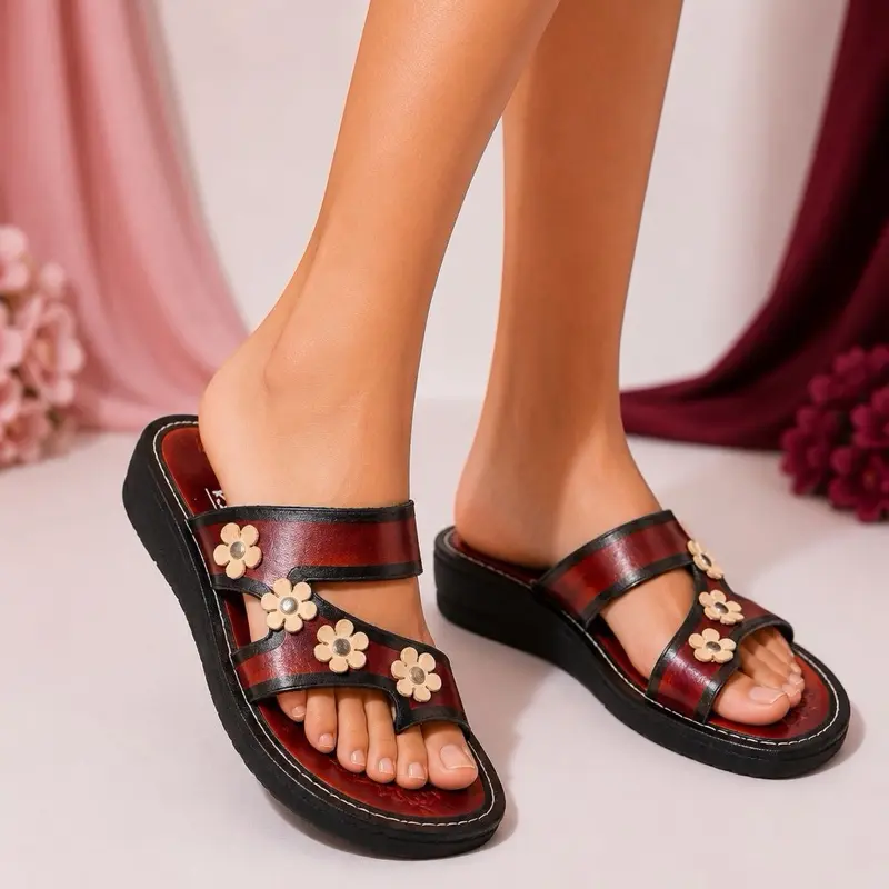 Huarache Mexicano de piel  mete dedo vino 4 flores blancas - Handmade Mexican Leather Women's Sandals - Hand Painted Flower Design - Open Toe - Comfortable Daily Use - Chancla Oscura Pintada - Versatile Footwear for All Seasons - Shoe