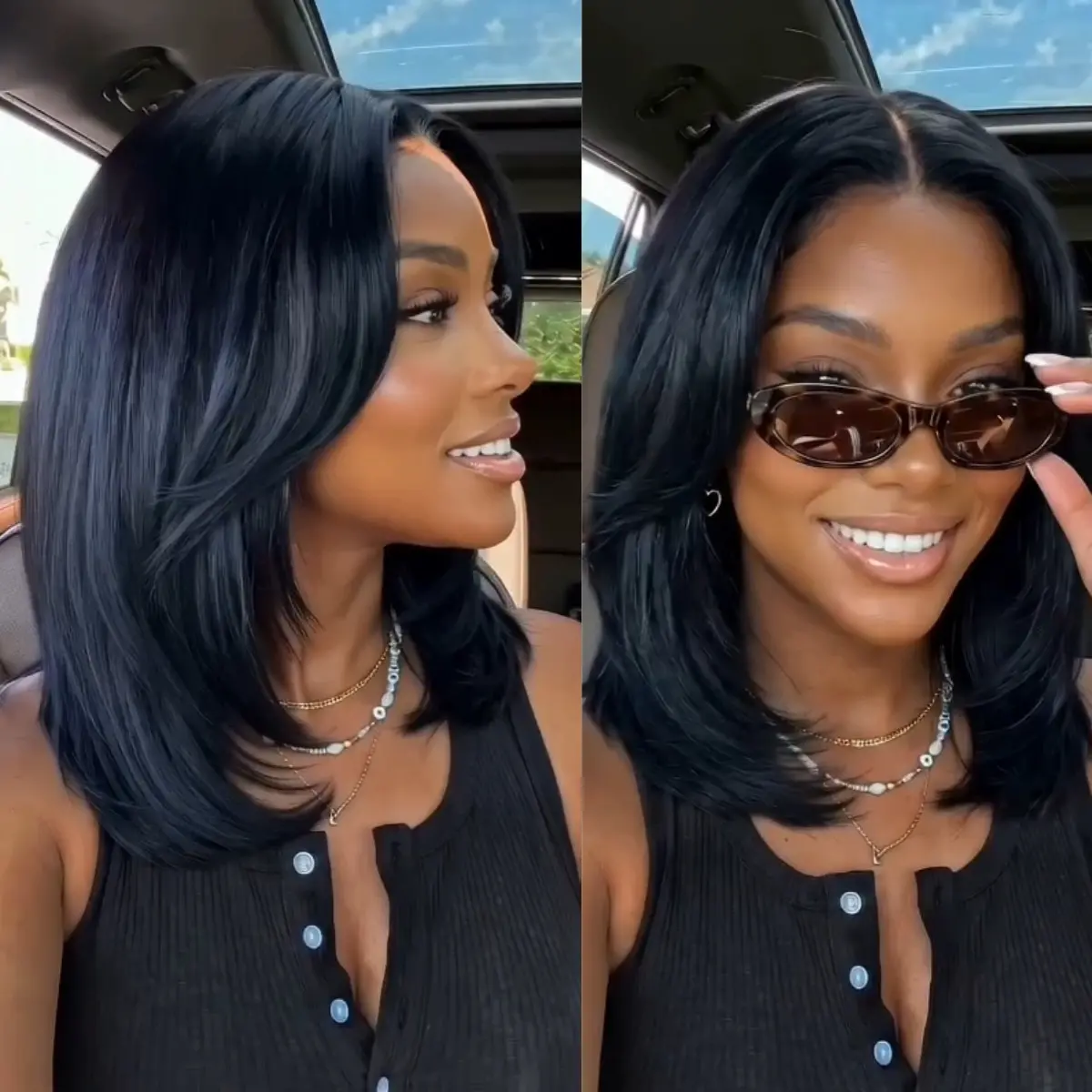 UNICE Blowout Layered Bob Human Hair Wig with Curtain Bangs for Women, 7x5 Glueless Adjustable Fit in Natural Black, Wigs
