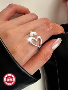 S925 Sterling Silver Hollow Out Heart Design Cuff Ring, Heart Shaped Ring, Adjustable Open Ring for Women & Girls, Fashion Jewelry for Party, Daily Decor, Trendy All-match & Exquisite Jewelry for Birthday Gift