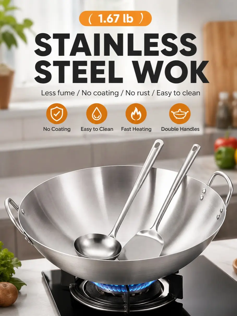 Durable Stainless Steel Wok & Deep Frying Pan, High-Quality Non-Stick Cookware with Dual Handles, Compatible with Gas & Induction Stoves, Easy to Clean, Ideal for Stir-Frying, Deep Frying, Boiling, Perfect for Family Cooking