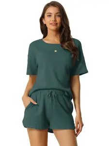 INSPIRE CHIC Women Lounge Sets with Pockets Waffle Outfits T-shirt and Shorts Loungewear Sweatsuits Deep Green