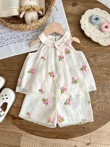 Baby Girl Floral Embroidered Chiffon Sleeveless Top and Shorts Outfit Set, Summer Sweet Butterfly Knot, Outdoor Playwear Gift Sets