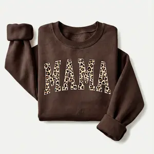 Leopard Print MAMA Sweatshirt in Dark Chocolate Brown | Trendy Oversized Mom Crewneck Pullover | Cozy Women's Graphic Sweater | Cute Mother's Day Gift & Everyday Mom Life Outfit | Casual Leopard Applique Top