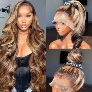 20-34 Inch Honey Blonde Wig Human Hair Highlight Ombre Body Wave 360 Lace Front Wigs Human Hair Pre Plucked Glueless Wigs for Women Drawstring Full Frontal Lace Wig 4/27 Colored 180% Density