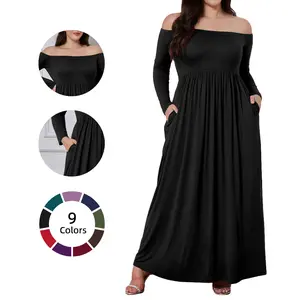 【Clearance Sale】Plus Size Women's Off-Shoulder FallMaxi Dress- Long Sleeve with Pockets, Elegant AutumnLong Dress for Vacation, Dinner & Semi-Formal Occasions SpringStatements