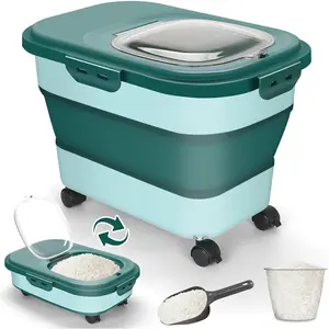 Rice Storage Container, 20Lbs Flour Container, Airtight Large Pet Dog Cat Food Storage Dispenser Bin with Wheels, Scoop & Measuring Cup, Collapsible Kitchen Dry Food Holder for Rice Cereal Kibble