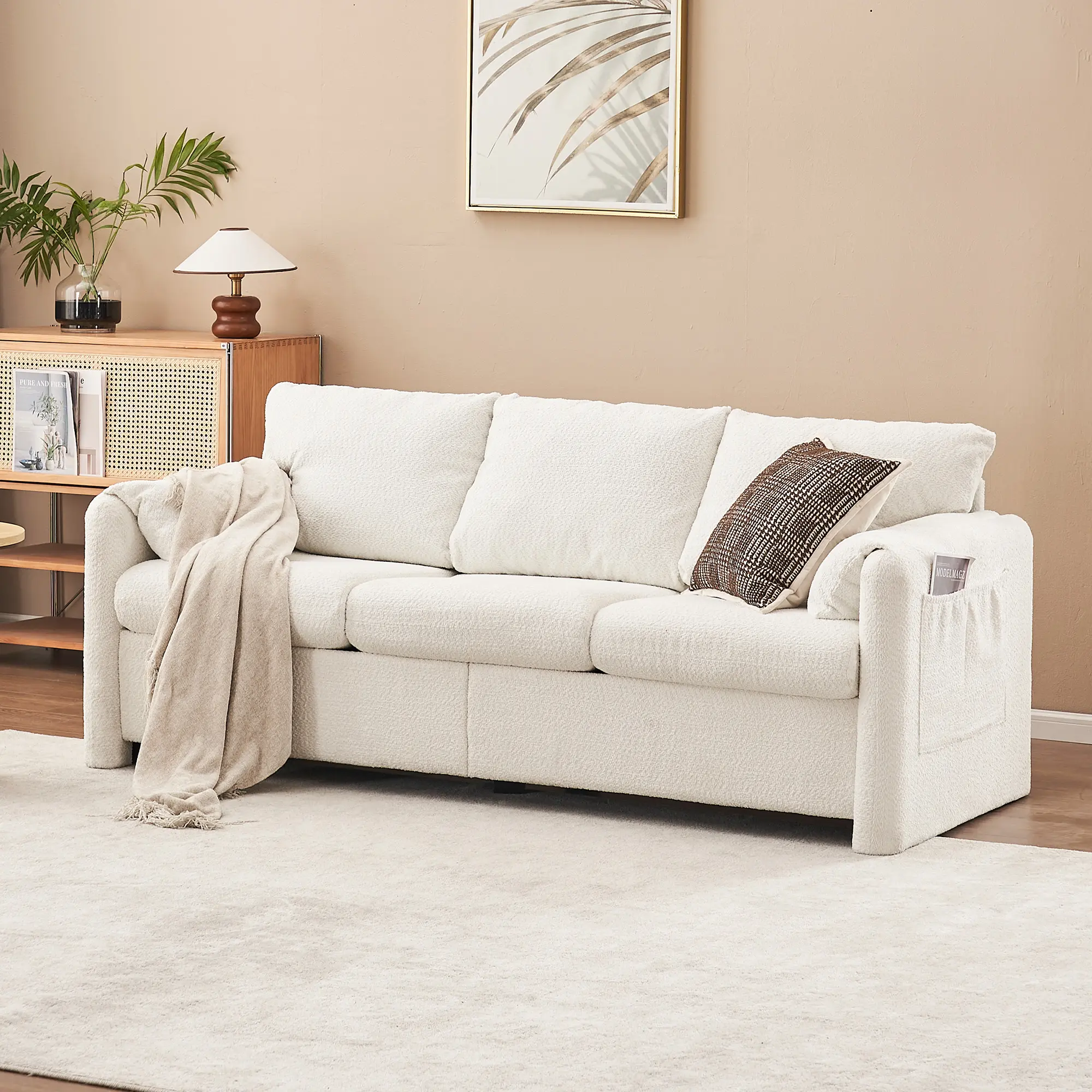 77" Chenille 3-Seater Sofa with Pillow Top Arms, Deep Seat, High-Density Foam Cushions, Ivory White, Modern Design for Living Room, Apartment, Home Theater