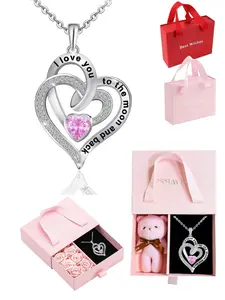 Dainty Sparkly Double Heart Necklace, Heart Shaped Necklace, I Love You To The Moon And Back with Rose Bear Gift Box, Perfect Gift for Wife Mom Girlfriend Valentine Anniversary Mother’s Day