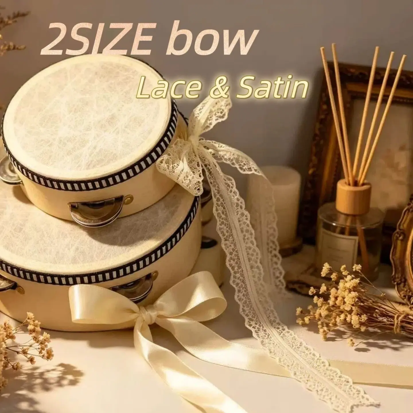 French Vintage Wooden Bell Drum with Satin Bow, Decorative Instrument, Bohemian Festival Party Accessory, Kids Costume Prop, Wedding and Party Percussion