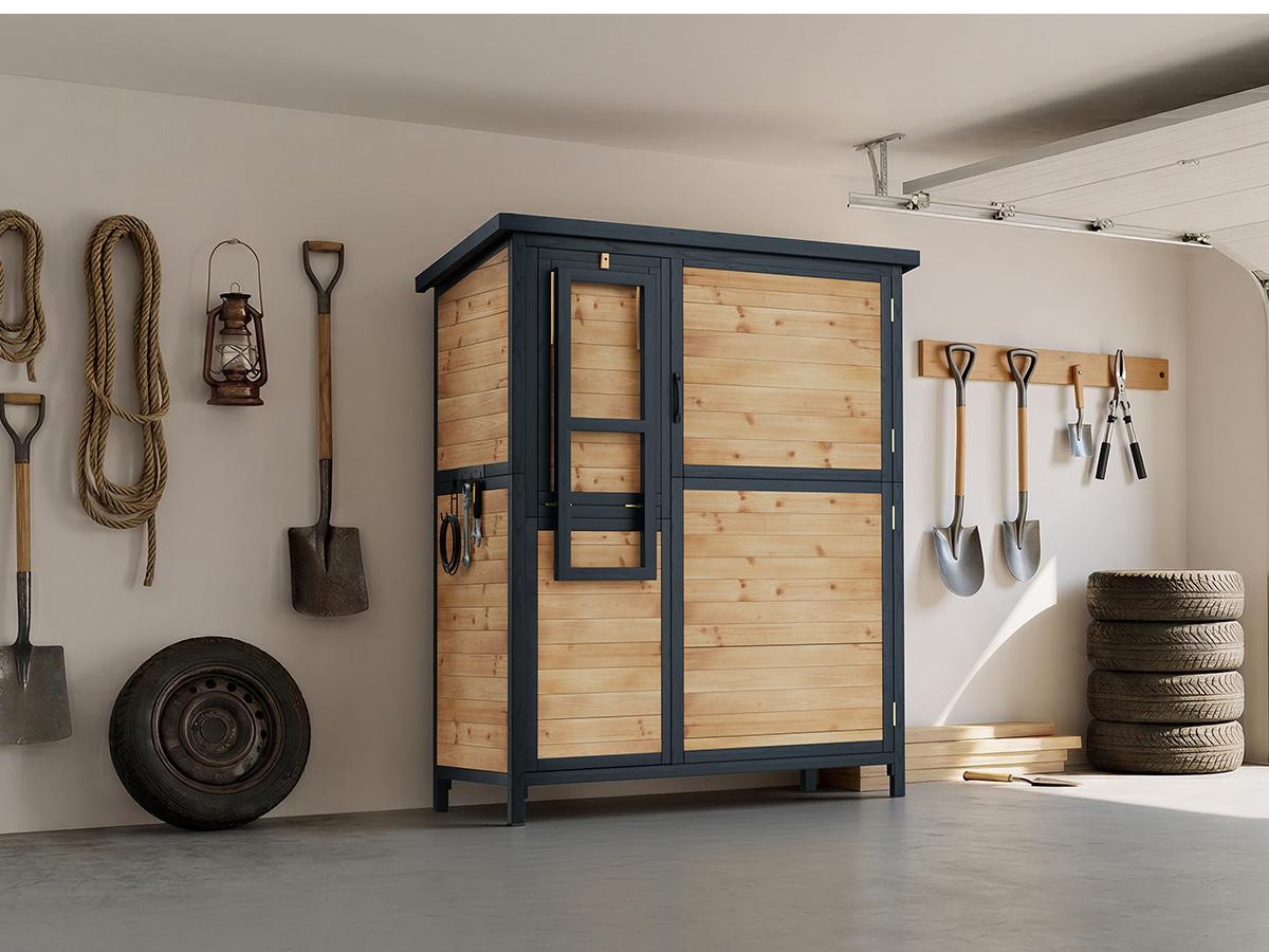 AMERLIFE Solid Fir Wood Outdoor Storage Shed, Garden Tool Shed with Foldable Workbench, Adjustable Shelves, Sloping Roof, Weatherproof Utility Cabinet for Backyard, Patio, Lawn, Poolside