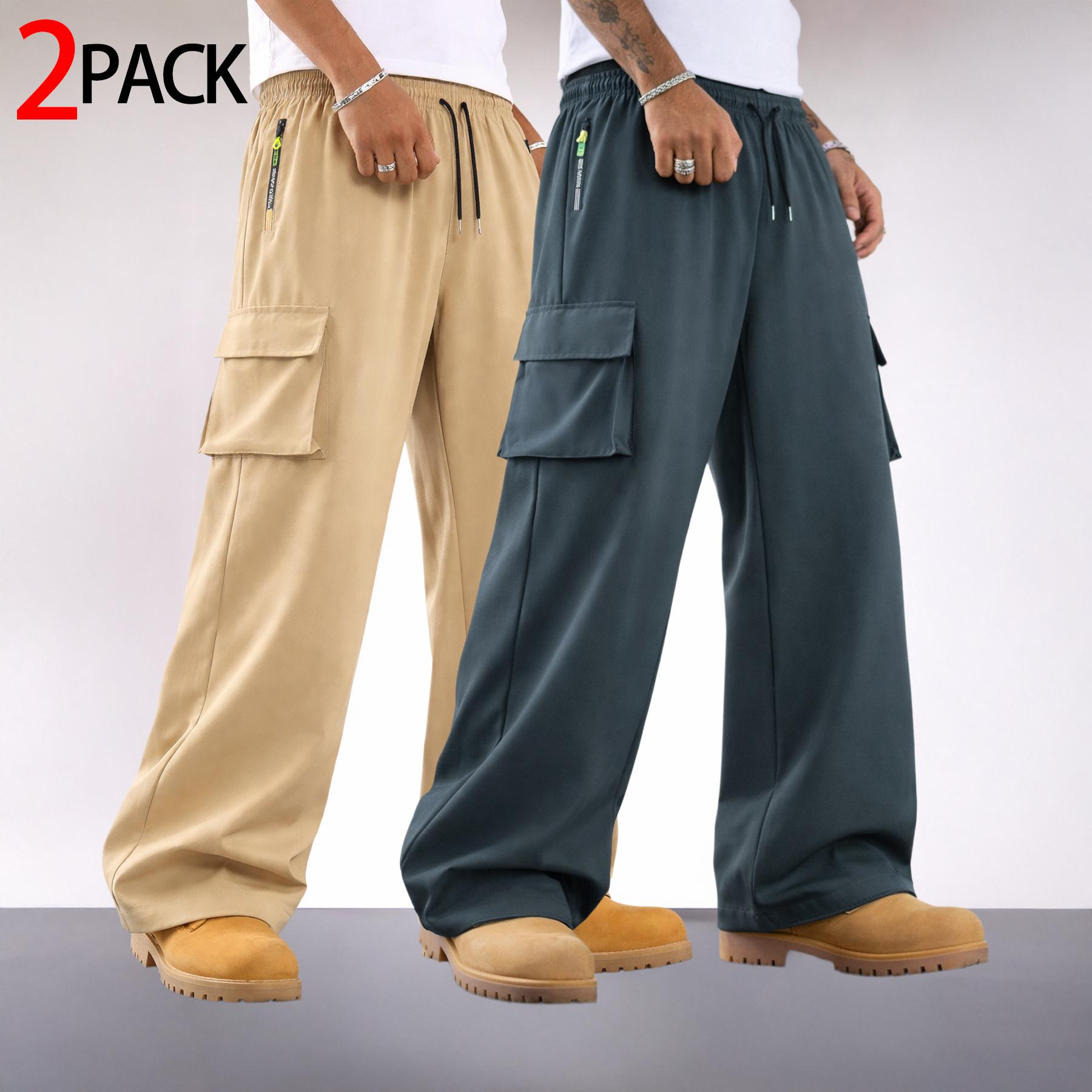 2 Pack Mens Cargo Pants Wide Leg Drawstring Multi Pocket Streetwear Utility Trousers Loose with Zipper Pocket and Large Flap Cargo Pockets for Casual Commuter Outdoor Wear and Relaxed Daily Outfits
