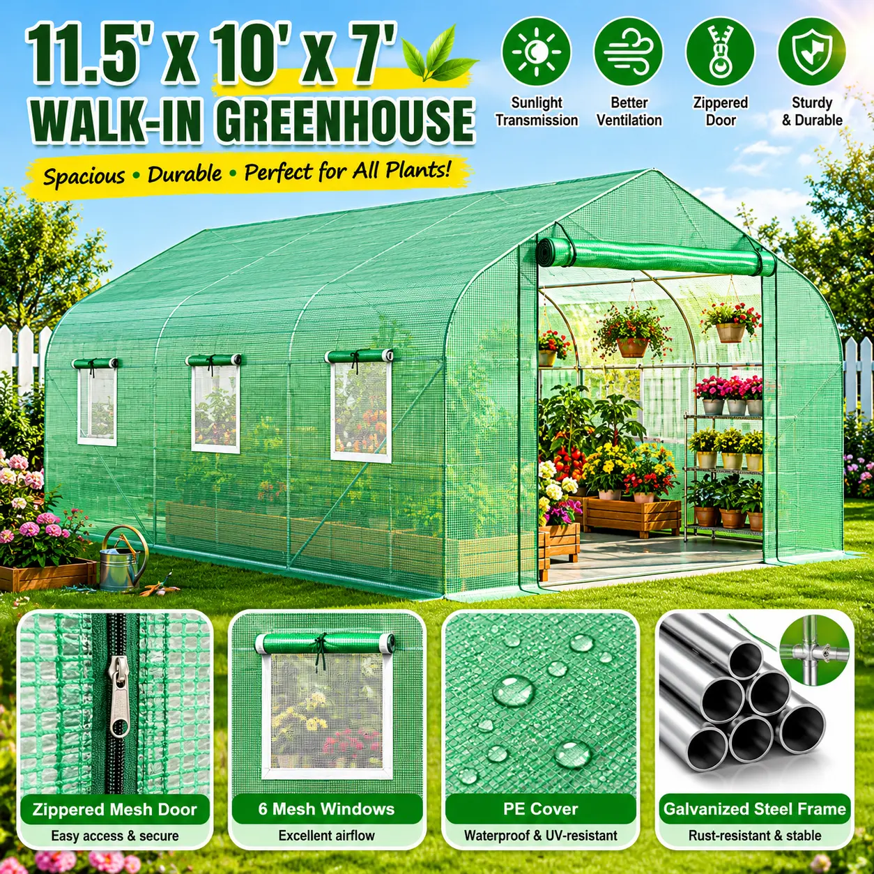 Large Walk-In Greenhouse with PE Cover & Steel Frame, Outdoor Plant Greenhouse Tent for Vegetables, Flowers, Herbs & Backyard Gardening