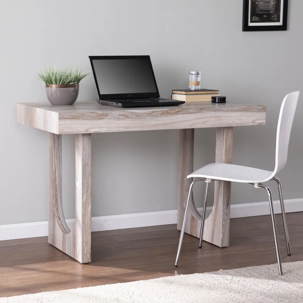 360 stand Brown Faux Marble Rectangular Writing Desk - Contemporary Home Decor, Geometric Legs, MDF Base, Assembly Required, Modern Style Desks, 29.75" X 45.25" X 23.5", 29.75X45.25"