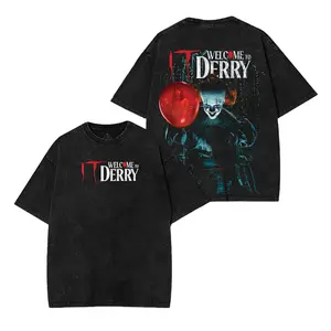 IT Pennywise The Dancing Clown Welcome To Derry Vintage Graphic Tee - 90s Bootleg Streetwear Heavyweight Cotton T-Shirt - Retro Horror Movie Comic Art