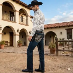 Lamasni Embroidery  Lam26502 Jeans Cowboy Style Blue Fitted Below the Ankle OL All Seasons Plain Denim for Men