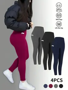 Plus Size Women's 4PCS High Rise Slim Fit Running Yoga Leggings Set with Phone Pockets, Elastic, Lightweight, Suitable for Spring/Autumn Wear