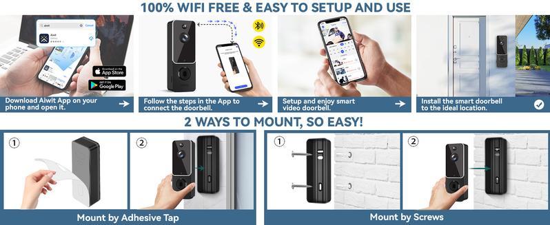 Wireless Video Doorbell Camera with Chime Ringer, Battery Powered, Smart AI Human Detection, 2.4G WiFi, 2-Way Audio, Night Vision, Cloud Storage, Easy Installation Home Security Door Bell