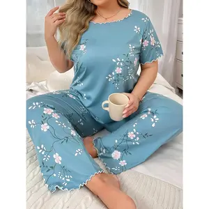 Women's Plus Elegant Pajama Set, Plus Size Floral Print Short Sleeve Frill Trim Top & Pants Lounge 2 count Set