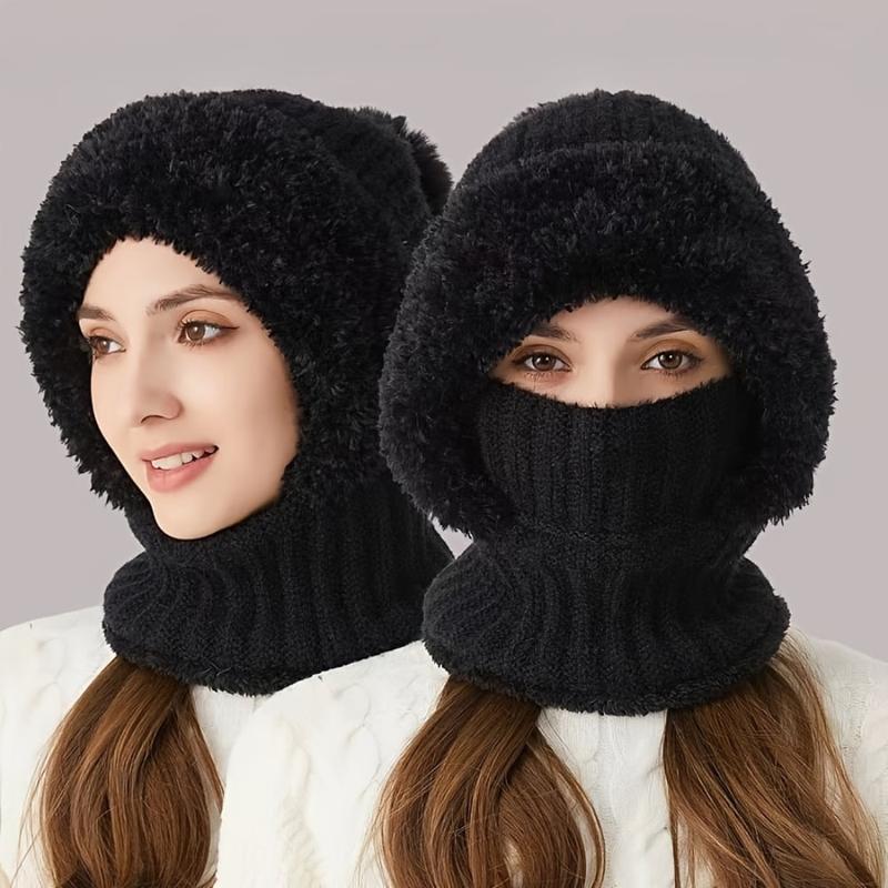 3-in-1 Winter Beanie Scarf & Mask Set - Cozy Fleece-Lined Knit Hat with Ear Flaps Windproof Warm Hooded Neck Warmer for Outdoor Cycling