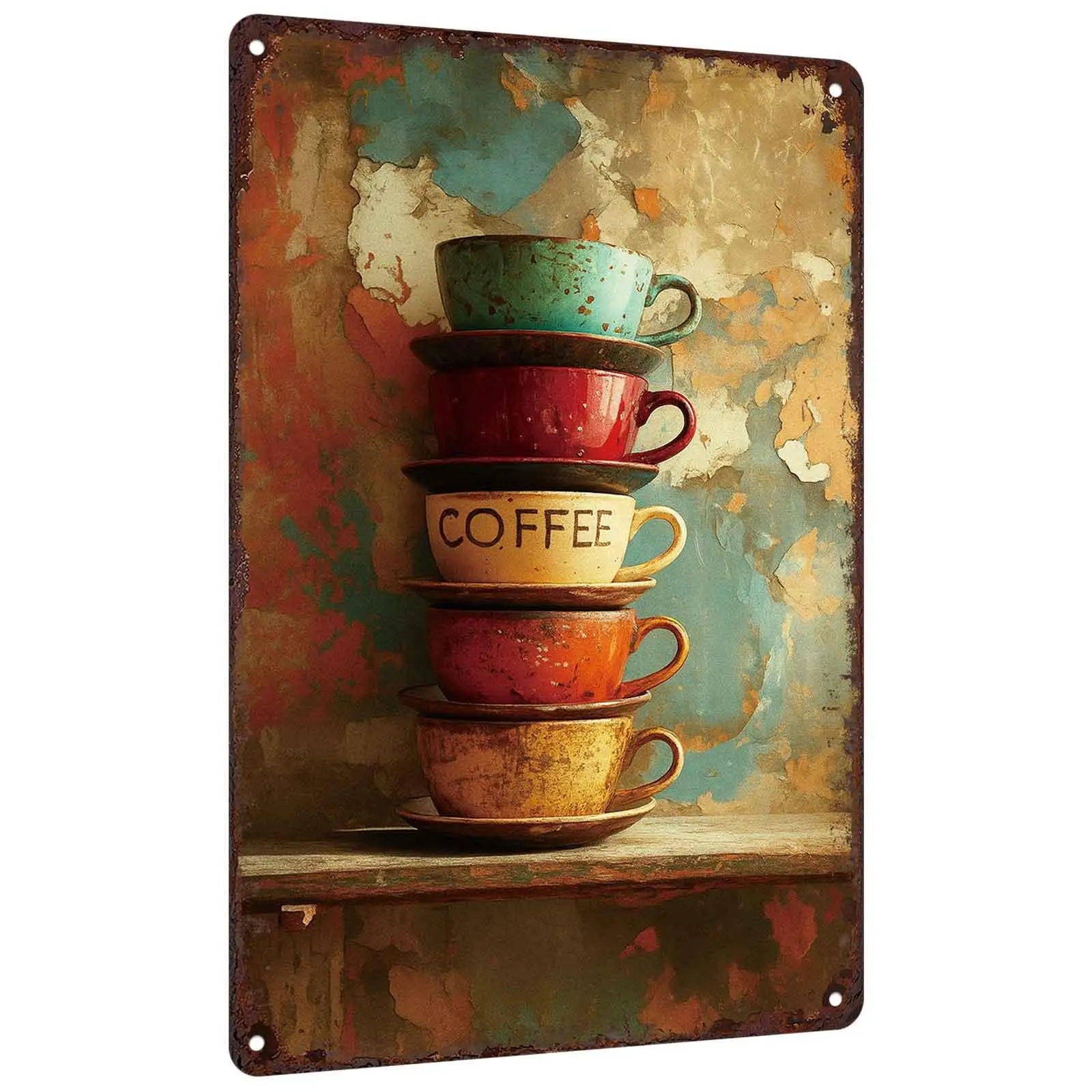 Vintage Coffee Cup Stack Metal Tin Sign 8x12 Inch Retro Wall Decor for Kitchen Cafe Coffee Bar Ideal Housewarming Gift for Coffee Lovers