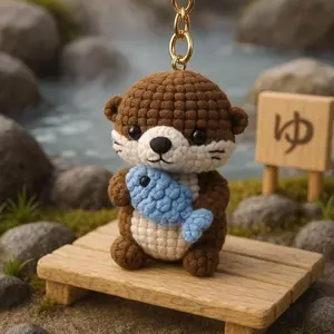 Handmade Amigurumi Otter Keychain, Soft Crochet Otter with Blue Fish Accessory for Gift Ideas