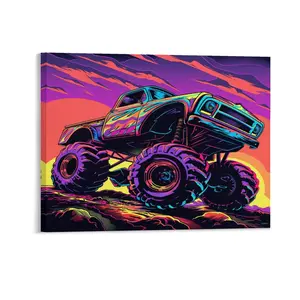 Monster Truck Posters Wall Art Prints Cool Colorful Doodle Racing Car Printing Purple Canvas Posters Home Wall Art Family Bedroom Office Decor Aesthetic Festival Gift