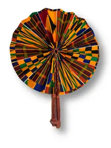 African Kente Print Fabric Handmade and Leather Folding Fan