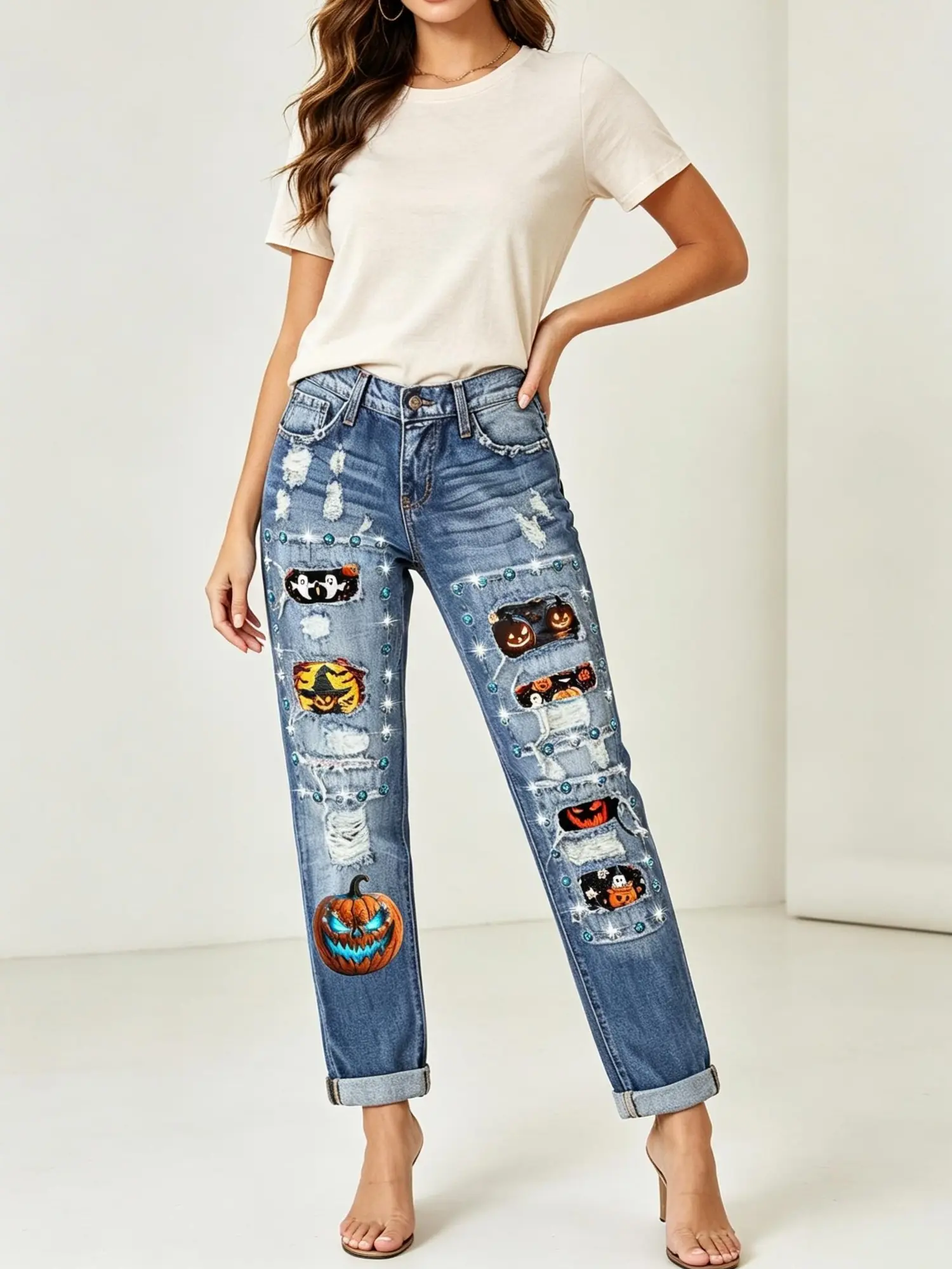 Halloween Diamond Print Straight Leg Jeans for Women Mid Rise Ripped Denim Pants Fashion Casual