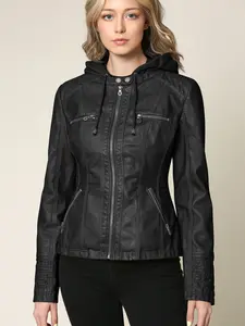 WJC663 Women's Removable Hooded Faux Leather Moto Biker Jacket