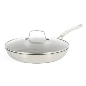 Martha Stewart Badgley Hybrid Nonstick 12 Inch TriPly Stainless Steel Large Fry Pan With Lid & Stay Cool Handle - Laser Etched Non-Toxic Nonstick Skillet - Dishwasher and Induction Safe