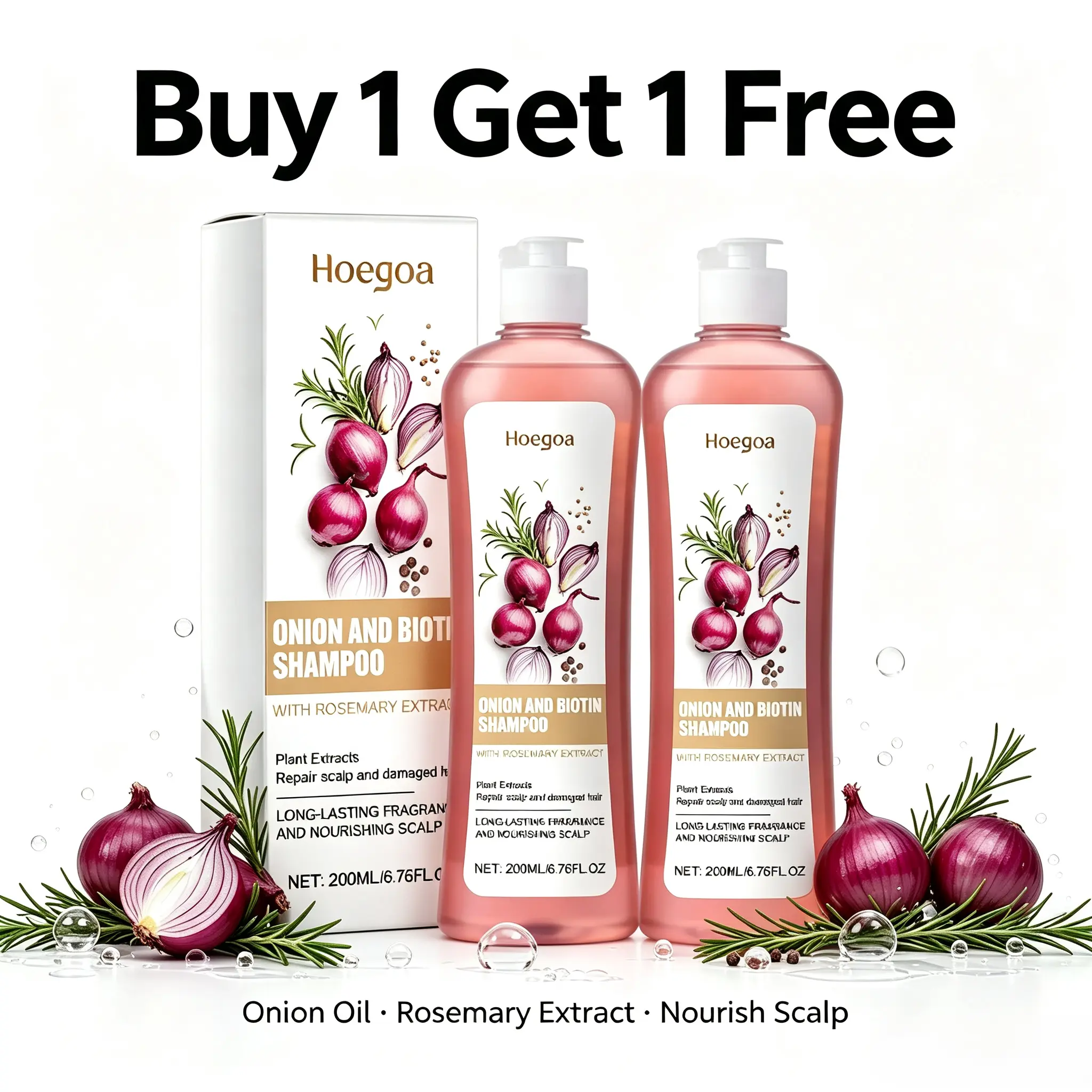 Buy 1 Get 1 Free, Onion biotin rosemary shampoo, supports scalp comfort, reduces hair breakage, sulfate-free, ideal for thinning and dry hair, delivers nourishment for smoother, radiant hair
