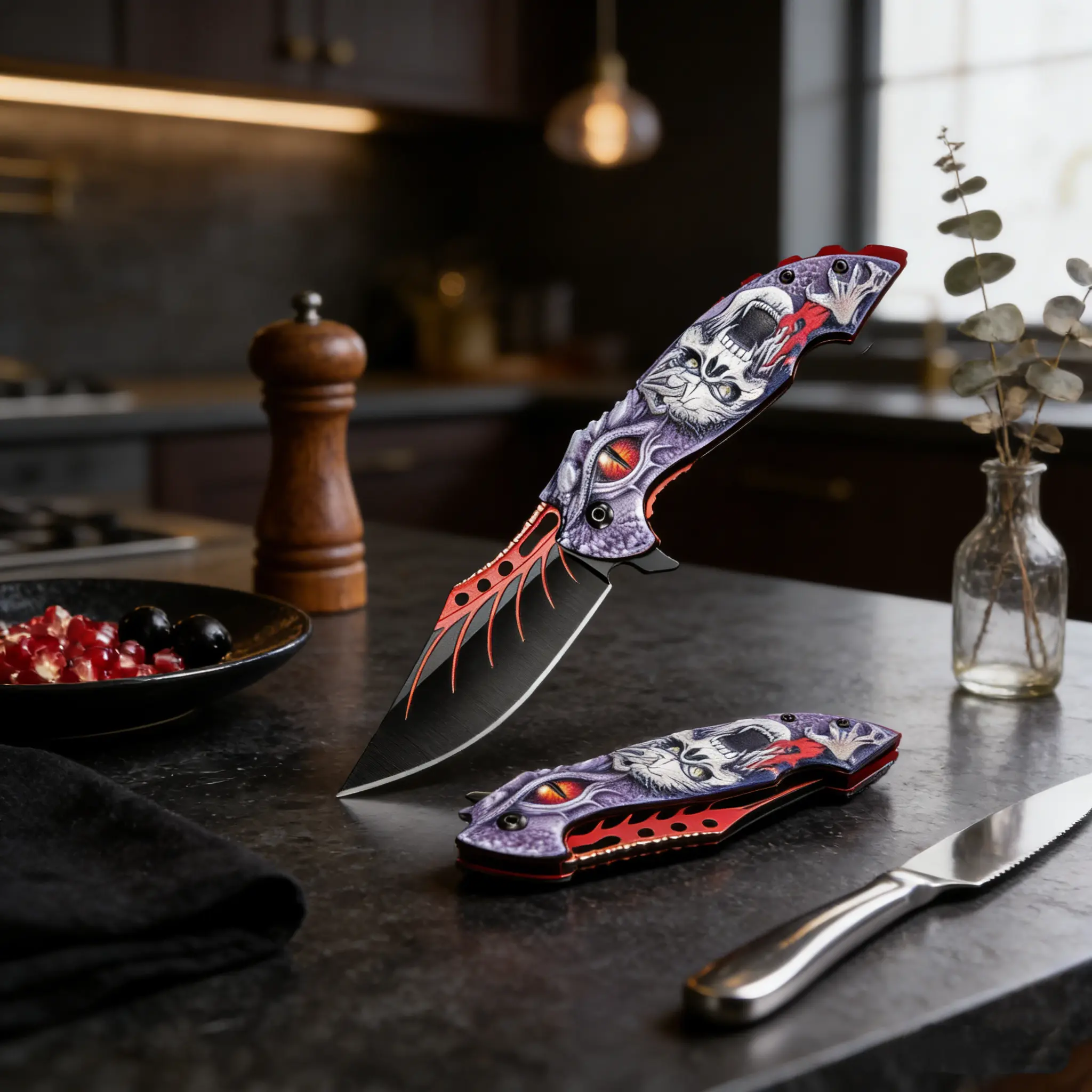 Artistic Relief Skull Dragon Eye Foldable Kitchen Knife (Unique Gift Option) Gothic Style Purple Red Black Foldable Culinary Knife | Gift Ready Unique Intricate Relief Foldable Utility Knife for Kitchen & Gifting