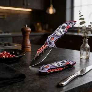 Artistic Relief Skull Dragon Eye Foldable Kitchen Knife (Unique Gift Option) Gothic Style Purple Red Black Foldable Culinary Knife | Gift Ready Unique Intricate Relief Foldable Utility Knife for Kitchen & Gifting
