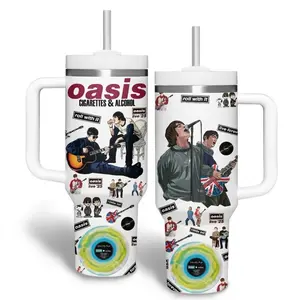 Oasis Band Tumbler 40oz 20oz with Handle, Britpop Rock Music Fan Insulated Travel Mug, Vintage Band Drinkware Gift