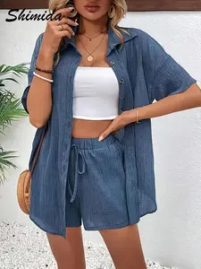 Shimida Women's Summer Collared Button Shirt and Shorts Set, Boho Style Loose-Fitting Two-Piece, All over Print Outer Vest, Bohemian