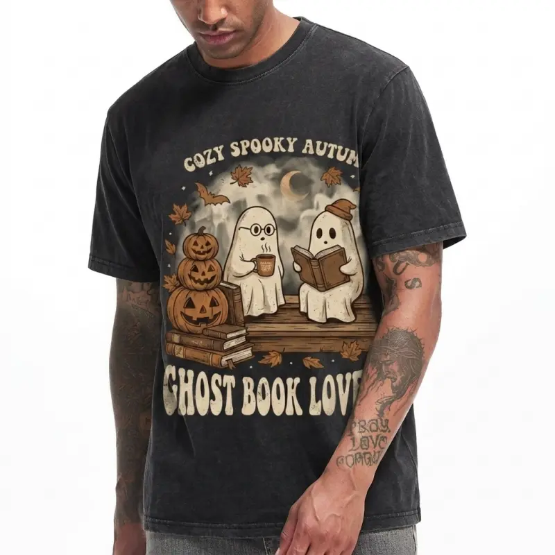 Vintage Distressed Crew Neck T-Shirt for Men, Ghost Book Lovers Bookish Spooky Season Graphic Short Sleeve Tee for Street Daily Wear