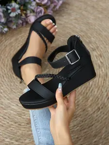 Women's Fashionable Solid Color Platform PU Leather Sandals, Casual Versatile Buckle Decorated Sandals for Summer, Lightweight Breathable Comfortable Shoes for Daily Wear, Girl