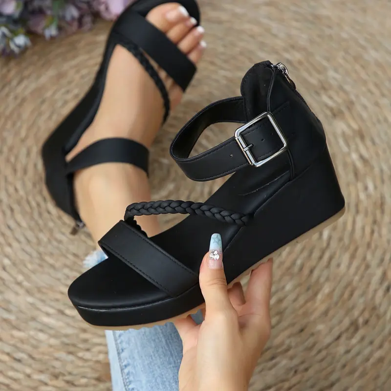 Women's Fashionable Solid Color Platform Sandals, Casual Versatile Buckle Decorated Sandals for Summer, Lightweight Breathable Comfortable Shoes for Daily Wear, Girl, Buckle Design Sandals, Sandal Footwear
