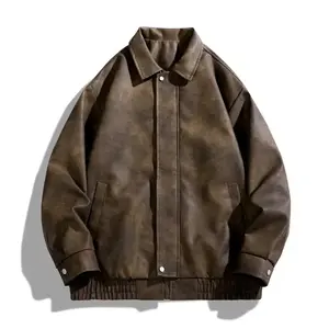 Academic Style American Vintage Solid Color Niche Design Motorcycle Flight Jacket PU Leather Coat Turn-down Collar Casual Loose Versatile Unisex Jacket Outerwear Long Sleeve Classic