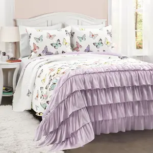 Lush Decor Flutter Butterfly Quilt 2/3 Piece Set Twin/Full/Queen 100% Polyester Printed Ruffles 200 GSMMachine Washable Soft Layers of Ruffles